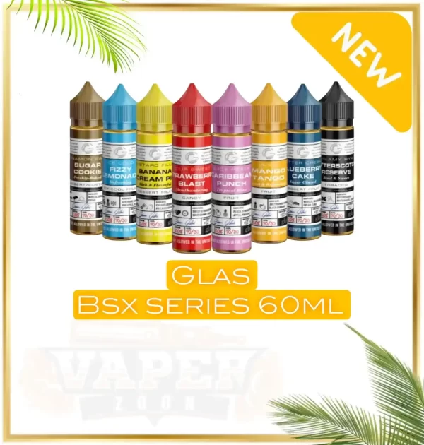 Glas Basix Series vape juice: 60ml bottle, 3mg & 6mg, freebase nicotine, 70VG/30PG, verity flavors, made in USA.
