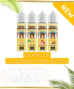 Gorilla Custard E-Liquid: 60ml bottle, 3mg nicotine, 70VG/30PG. Original Vape Juice in Banana, Strawberry & Tobacco flavors.