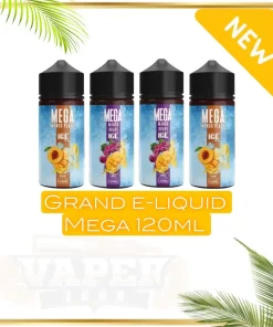 Grand E-liquids MEGA 120ml 3mg vape liquid offers a smooth vaping experience with a 70% VG / 30% PG blend. Available in various flavors like Berry, Mango, Mint, and Custard Caramel.