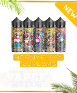 Horny Flava 120ml Vape Juice offers 3mg nicotine, 70VG/30PG blend, verity tasty flavors.